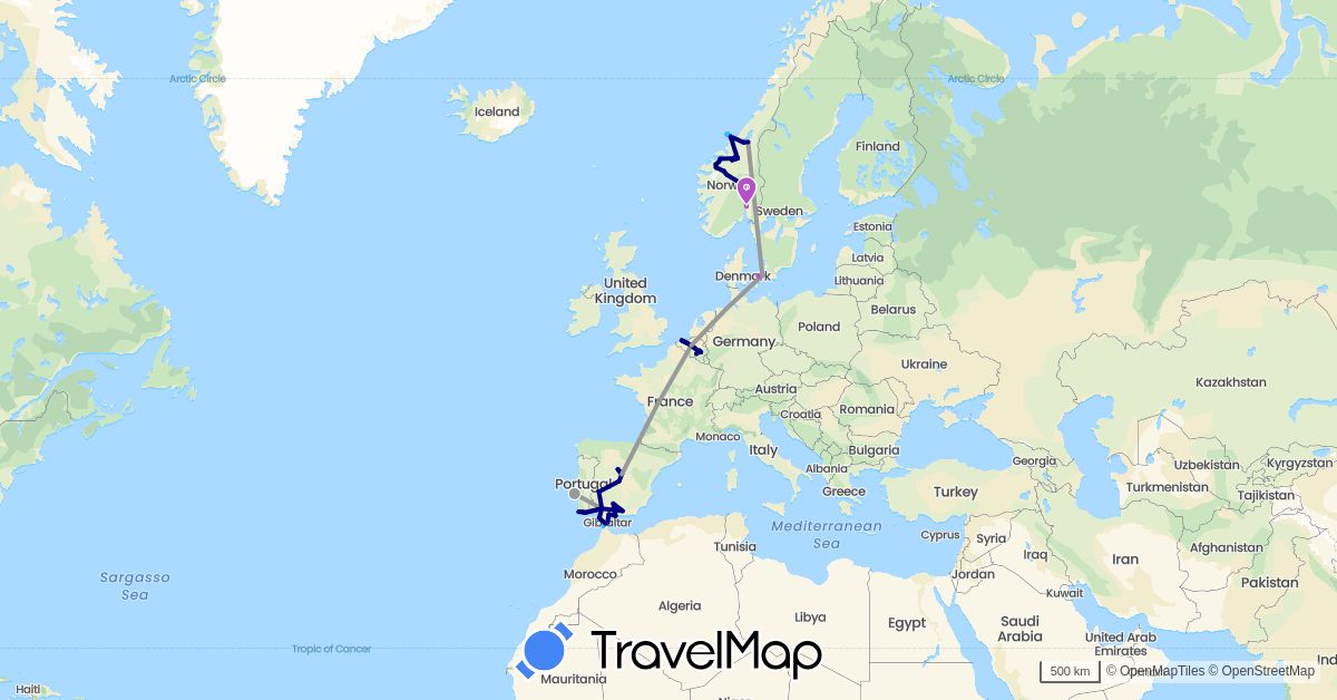 TravelMap itinerary: driving, plane, train, boat in Belgium, Denmark, Spain, Gibraltar, Morocco, Norway, Portugal (Africa, Europe)